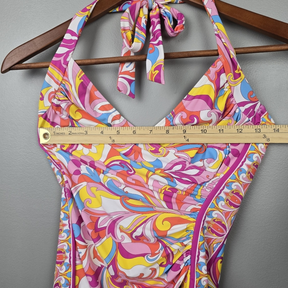 Carmen Marc Valvo Colorful Swirl Halter One-Piece Swimsuit Womens Size 8 - Picture 8 of 10